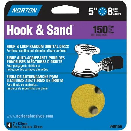 NORTON CO 5" Hook & Sand 8-Hole Sanding Disc, P150-Grit, PK 4 49156